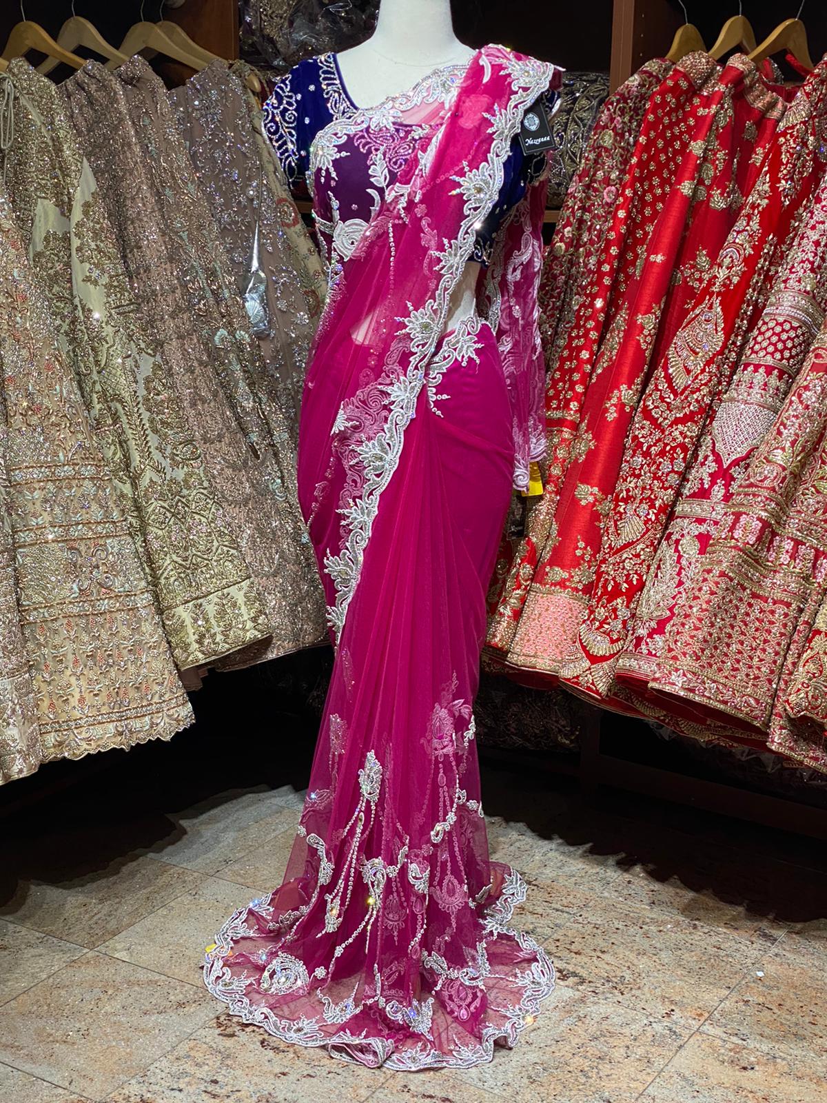 Magenta Pink Net Saree W/ Readymade Blouse PWS-006