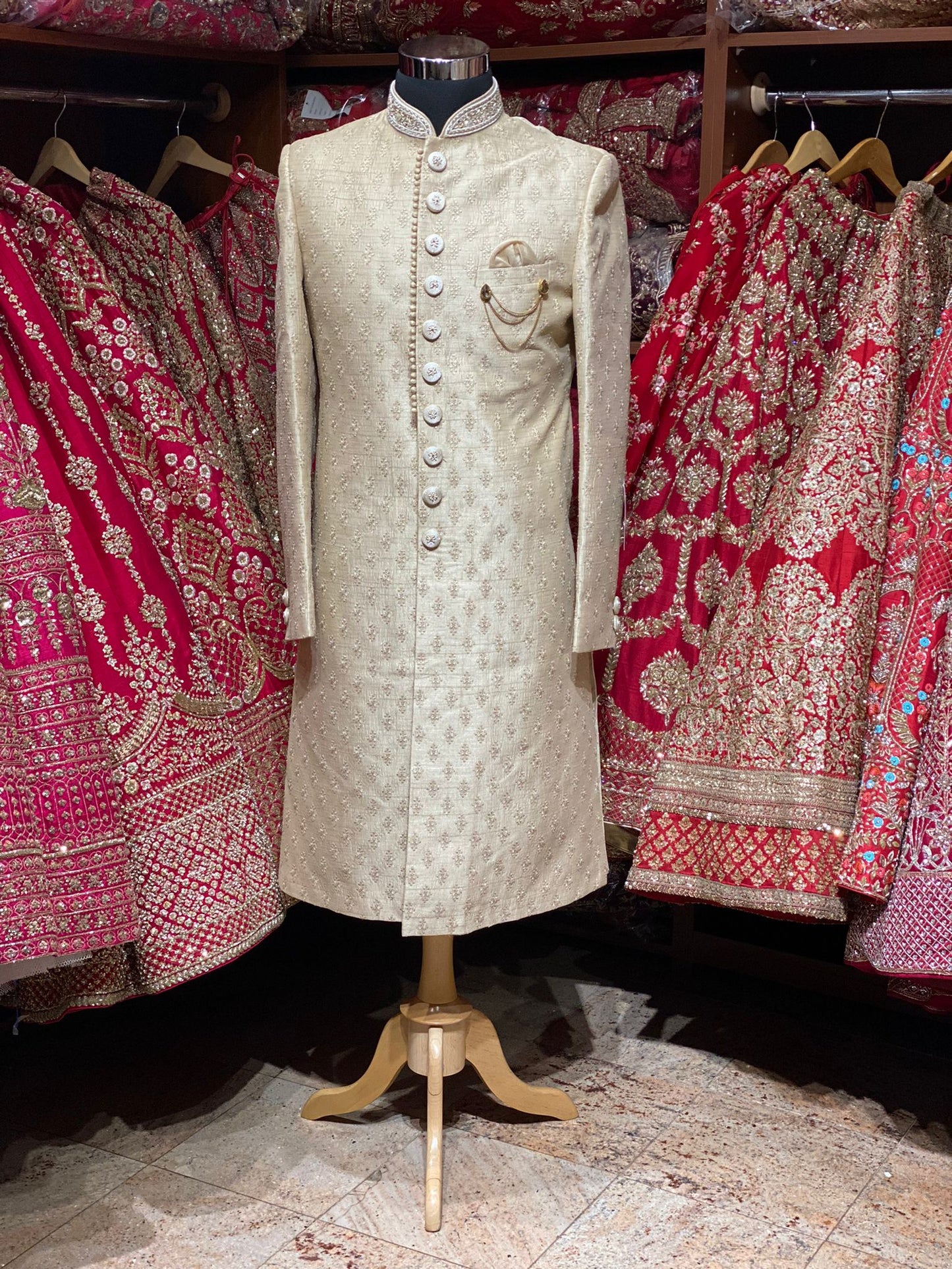 Beige Cream Thread Embroidered Sherwani- 1188