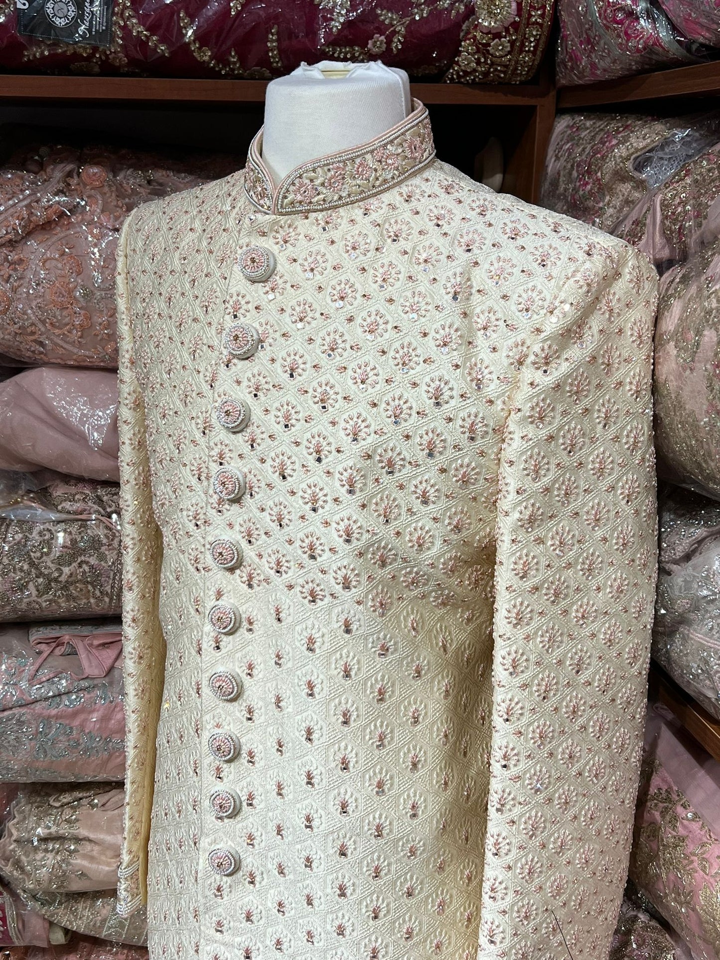 Cream Embroidered Sherwani- A4-S42