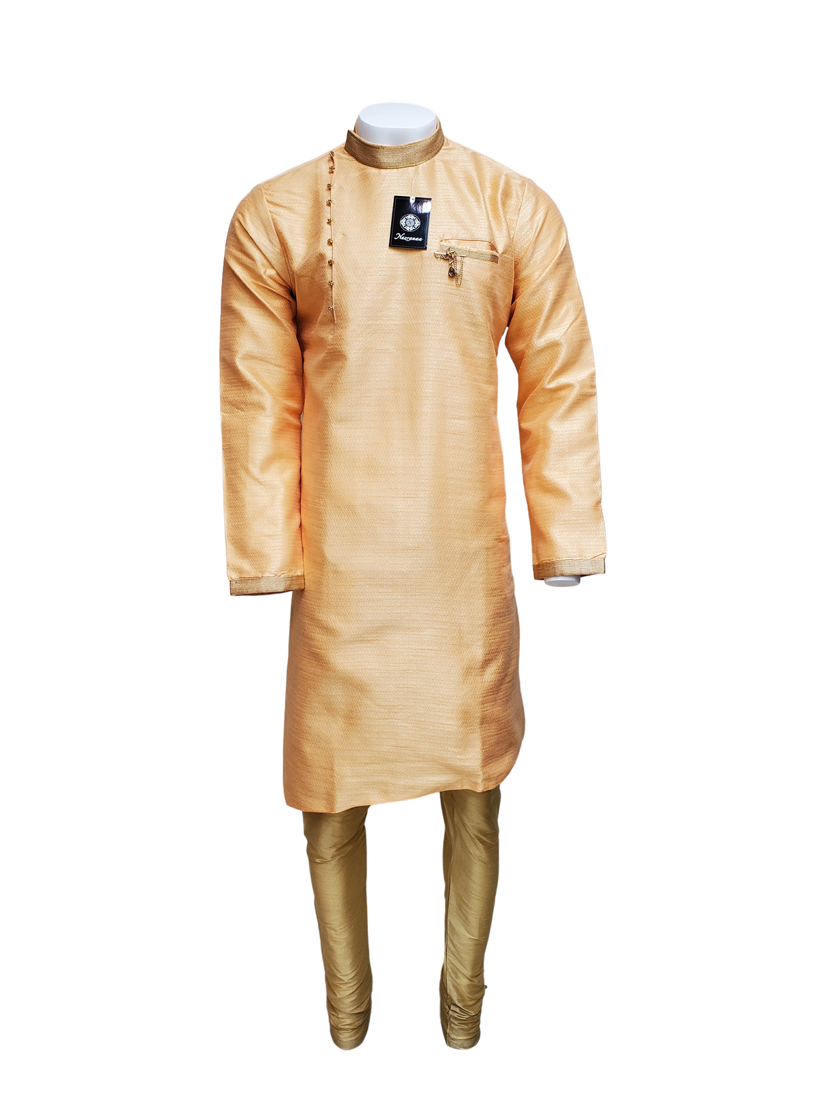 Peach Raw Silk Asymmetrical Kurta with Gold Churidar