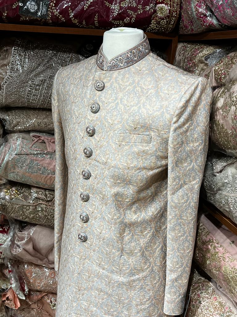 Slate Grey Woven Silk Sherwani- R14-N75