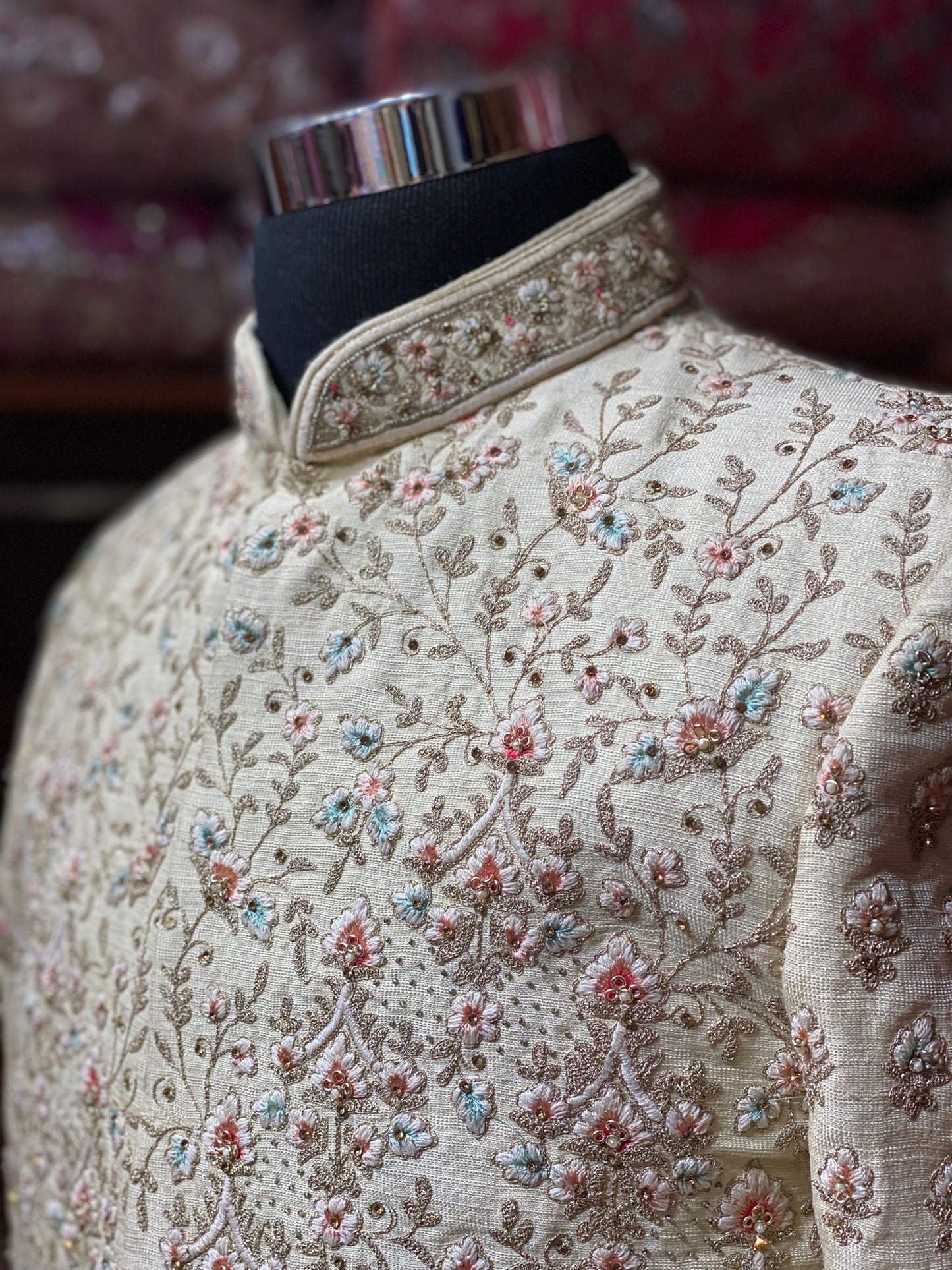 Soft Cream Wedding Sherwani- 9618