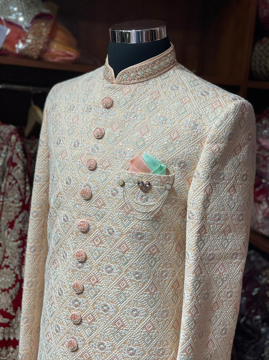 Salmon Peach Thread Embroidered Sherwani- S1298