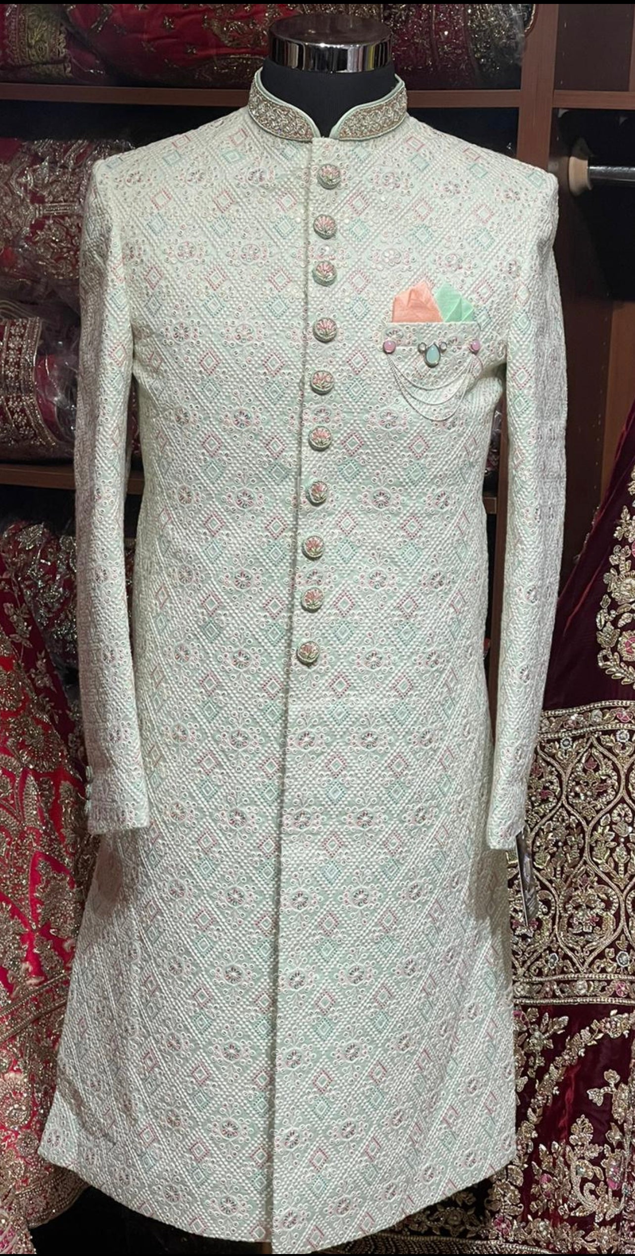 Tea Green Multithreaded Embroidered Sherwani- S1299