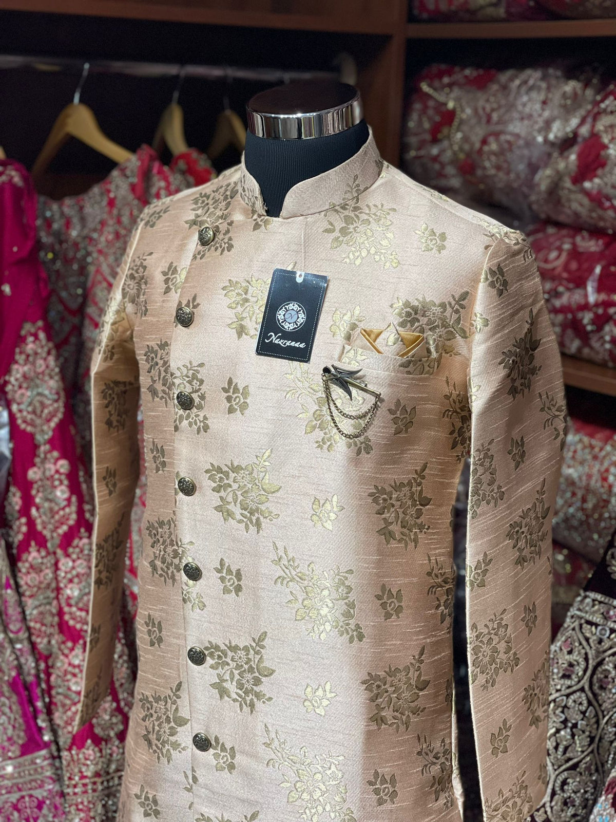 Peach Rajwadi Silk Asymmetric Sherwani with Floral Zari Motifs