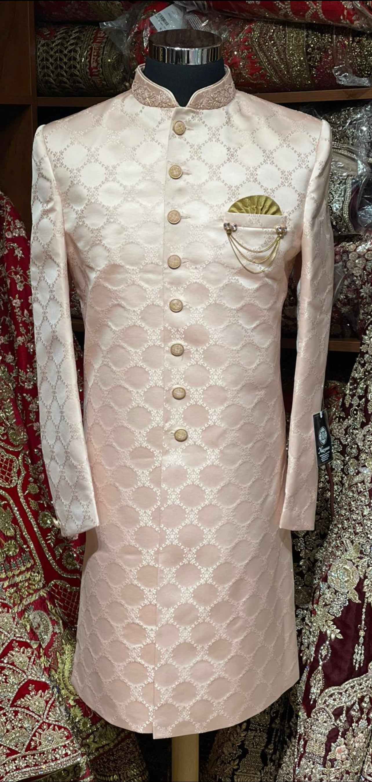 Coral Peach Thread Embroidered Sherwani- 1261