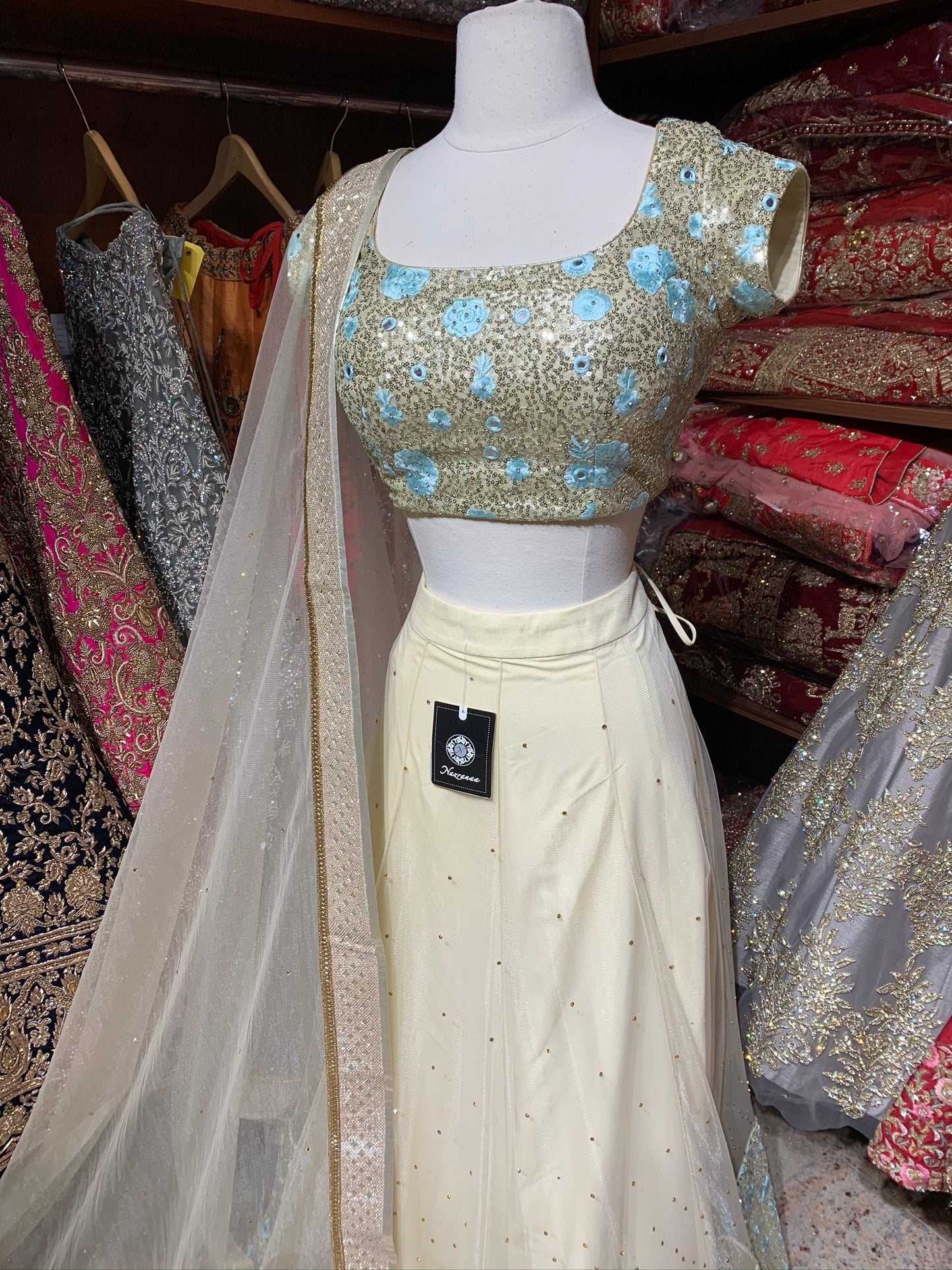 Cream Blue Size 38 Lehenga