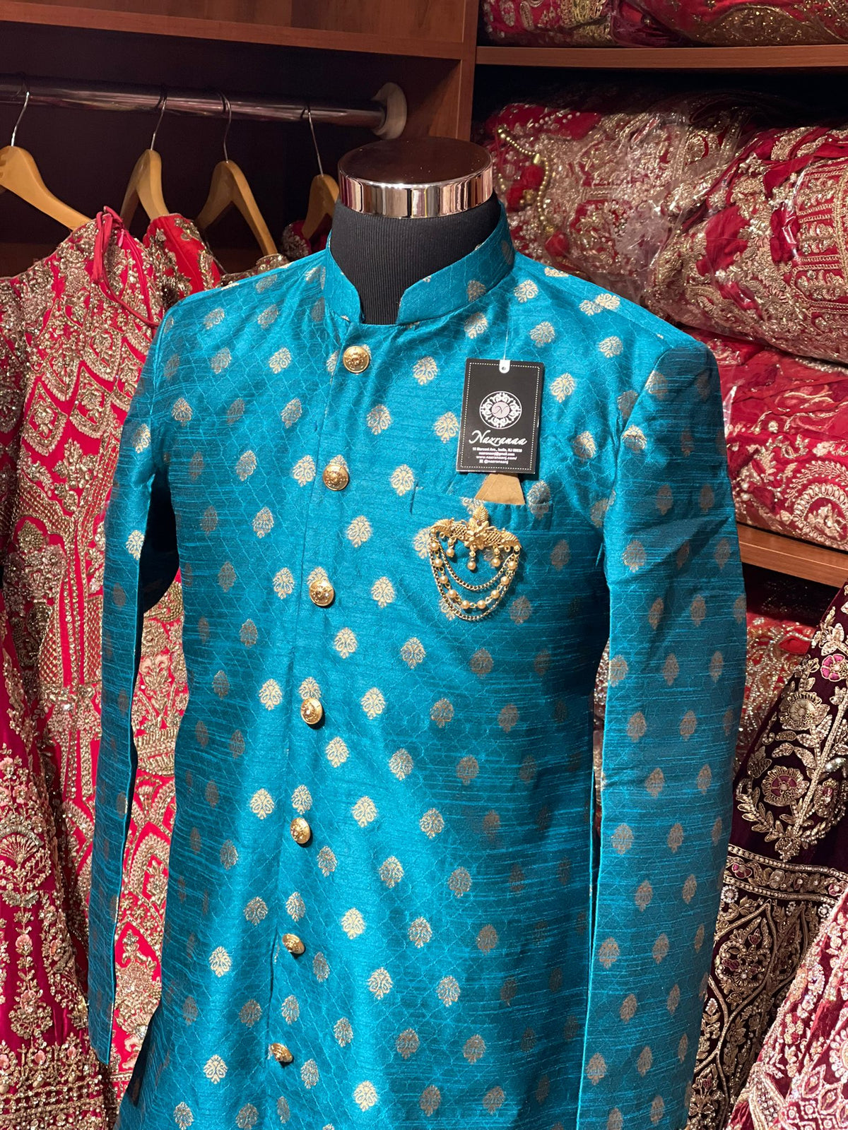 Sky Blue Zari Woven Sherwani with Gold Buta Motifs