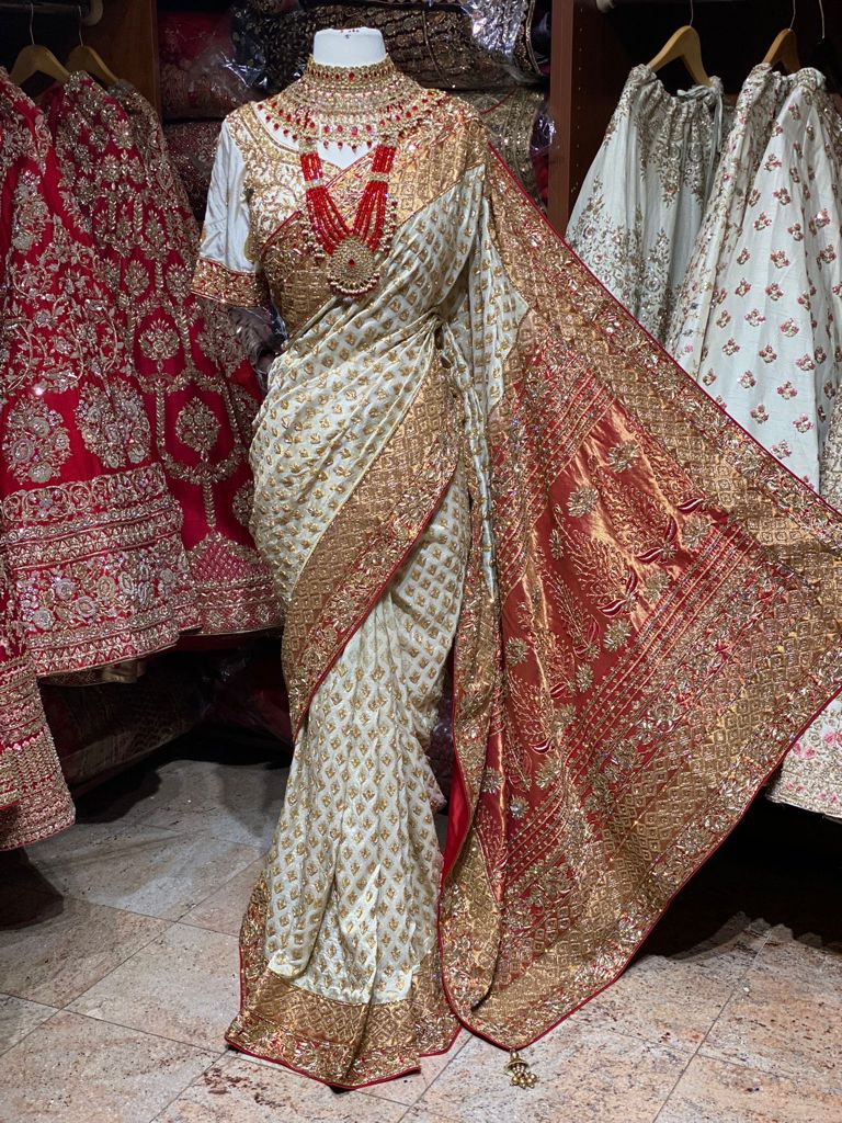 Ivory with Red Pure Silk Banarasi Bridal Saree BBS-011