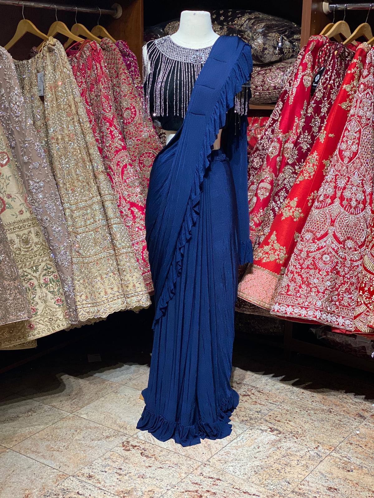 Navy Pre-Stitched Saree W/ Readymade Blouse PSS-12