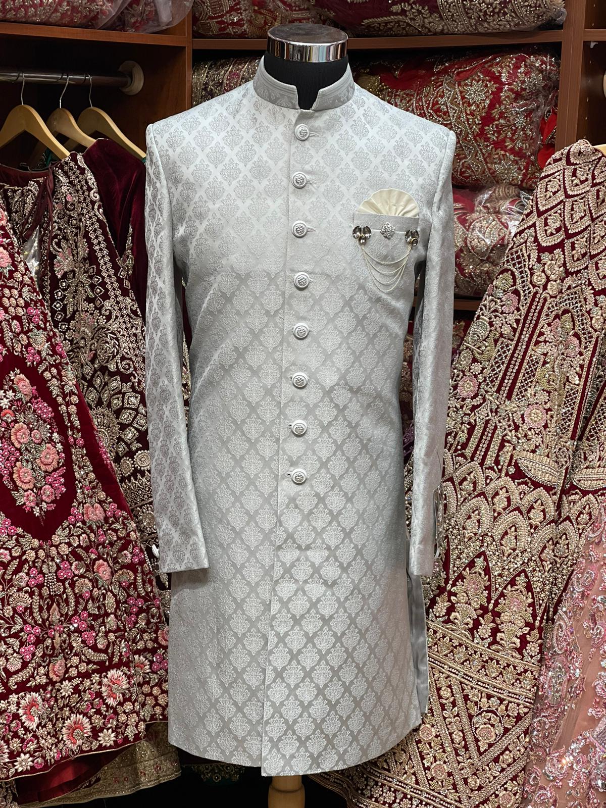 Slate Grey Embroidered Sherwani-S1305