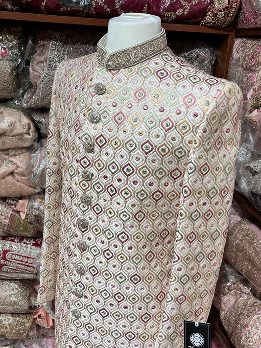 Ivory Mirror Embroidered Sherwani- S13-72