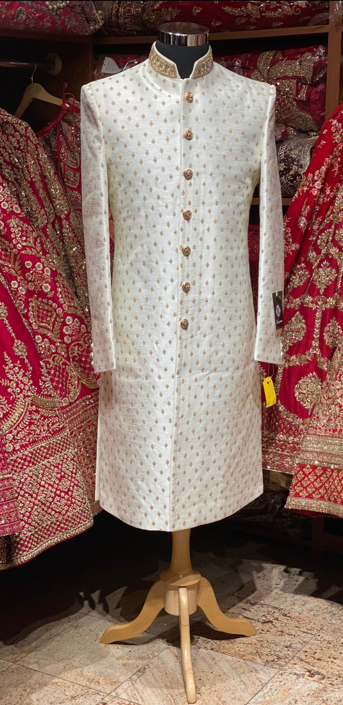 Off White Zari Embroidered Sherwani with Mandarin Collar