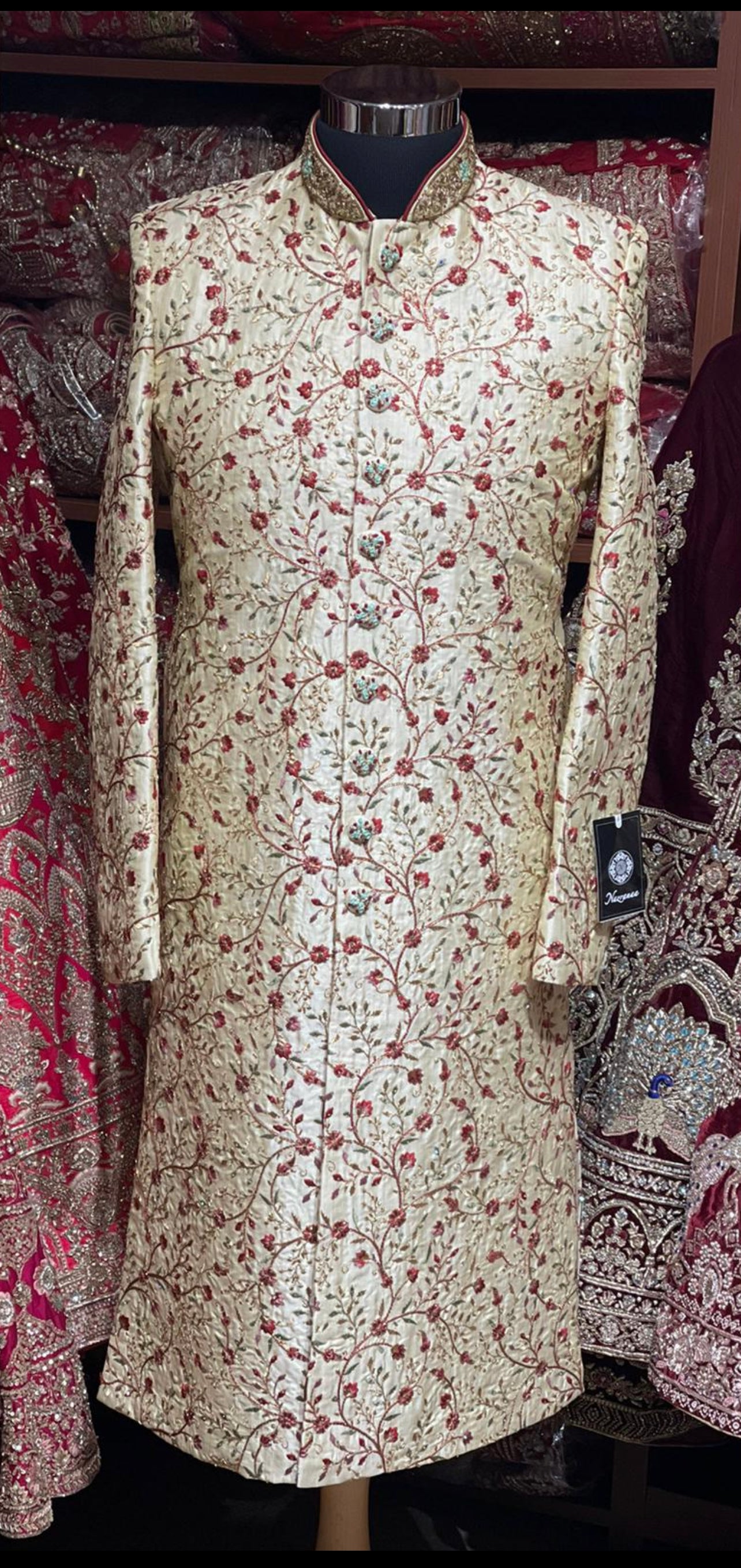 Ivory Cream Thread Embroidered Sherwani- S1181