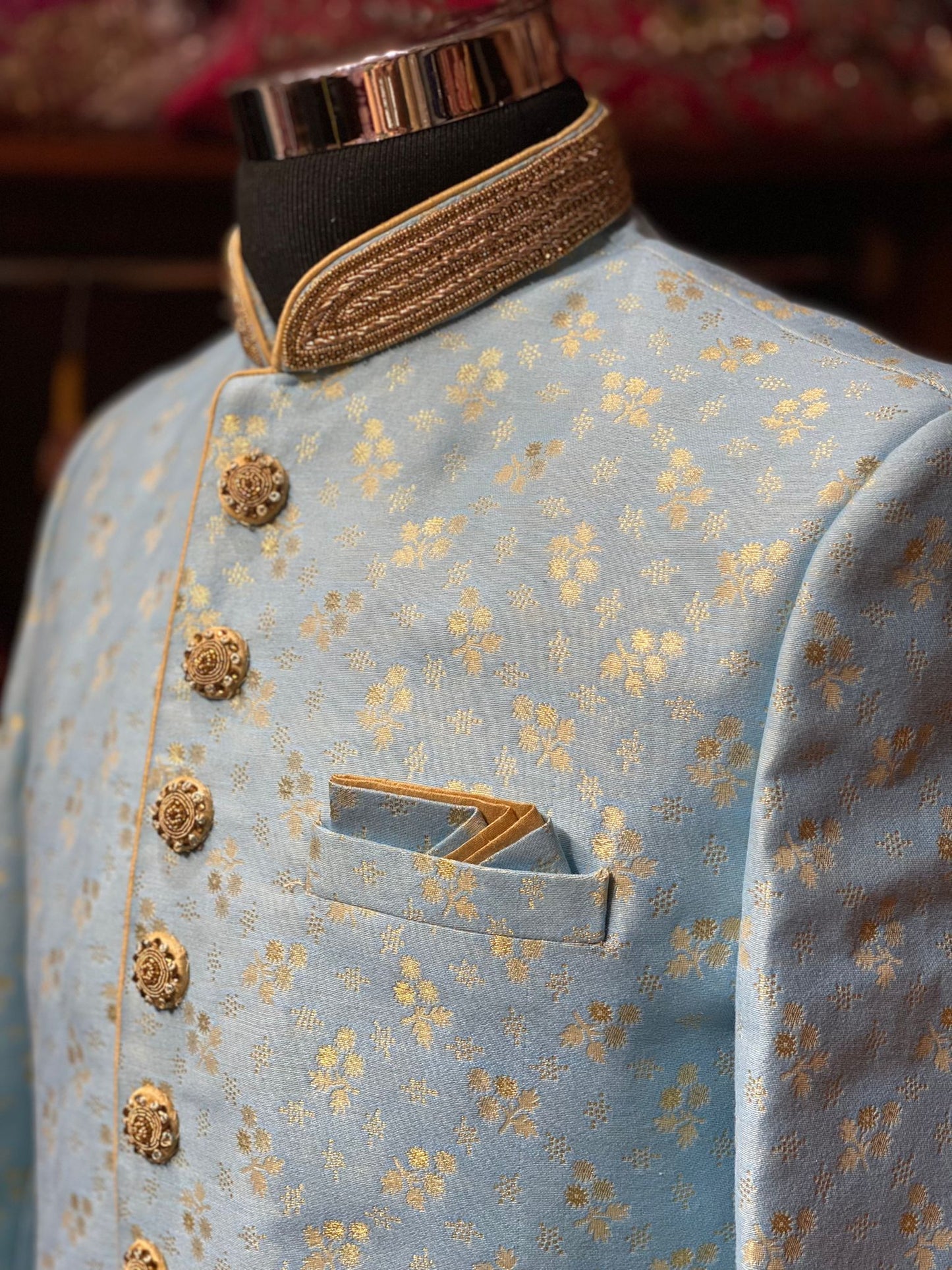 Sky Blue Zari Woven Embroidered Sherwani- S131198