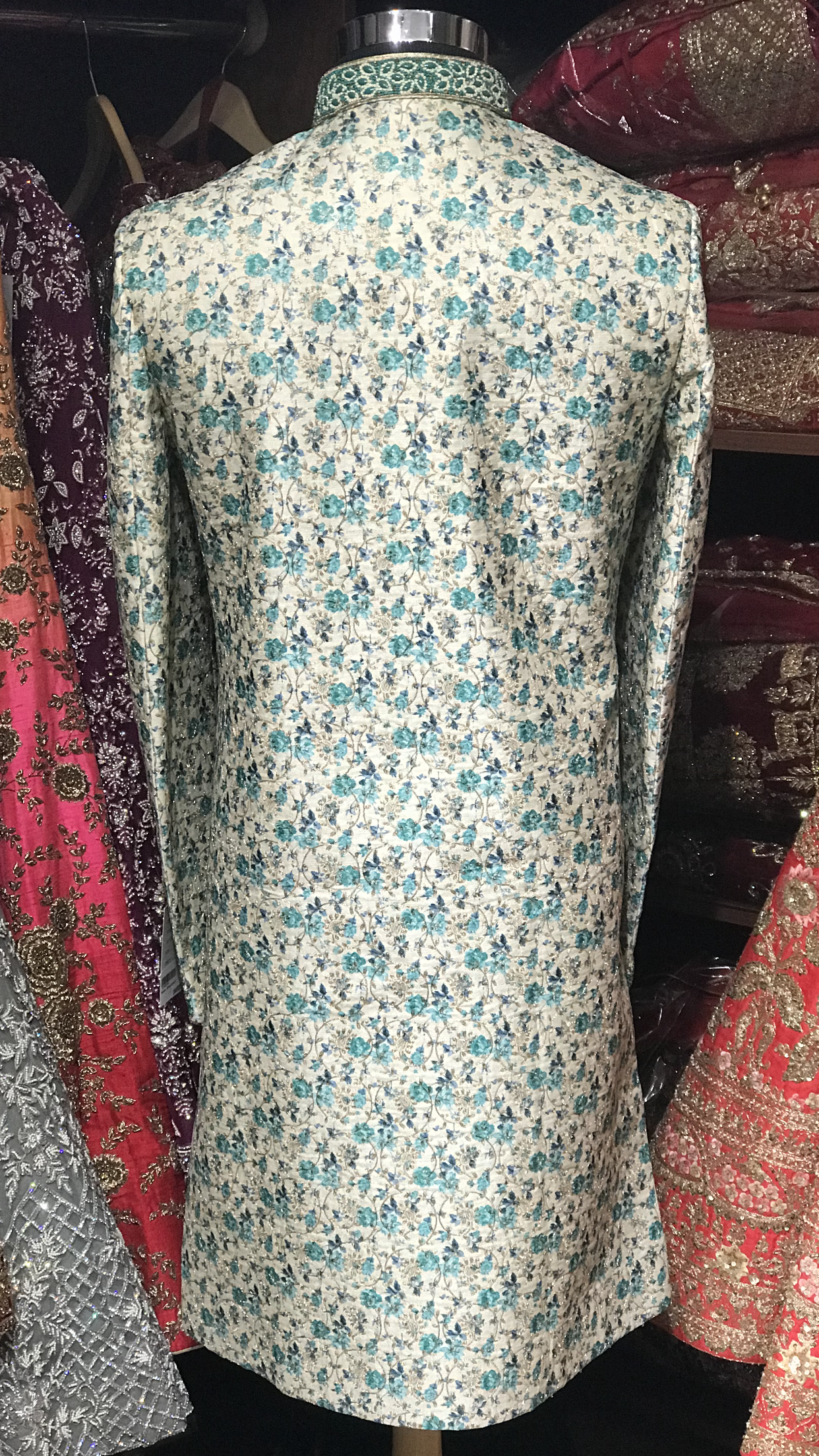 Ivory Teal Floral Print Sherwani