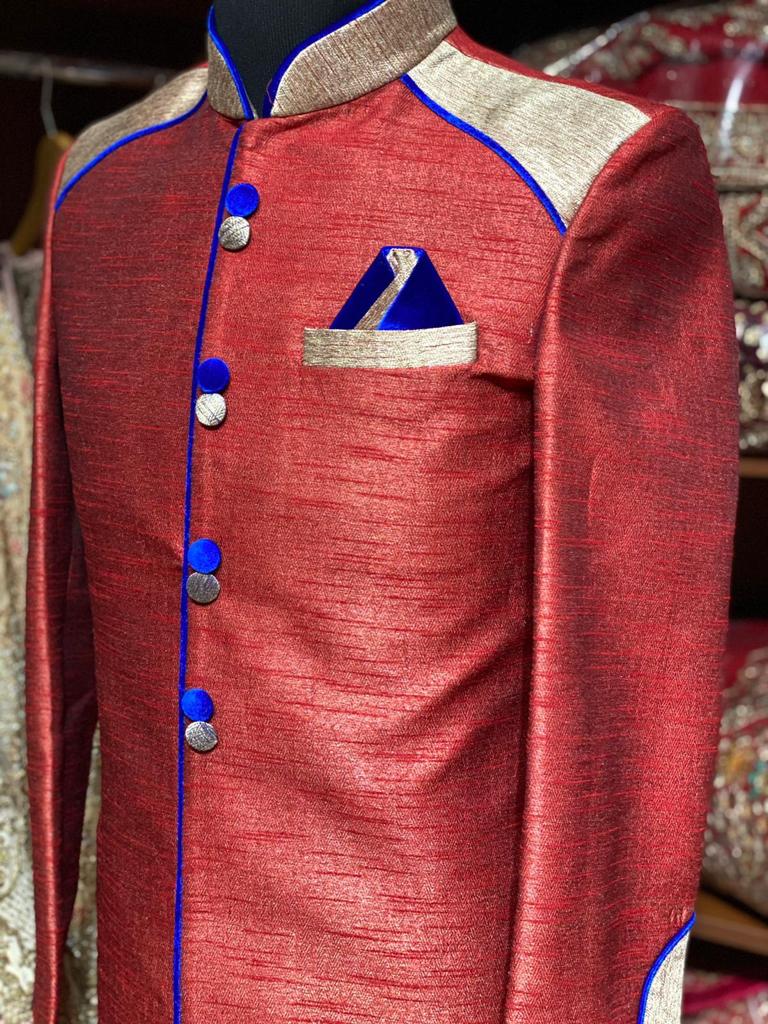 Red Raw Silk Size 36 Sherwani