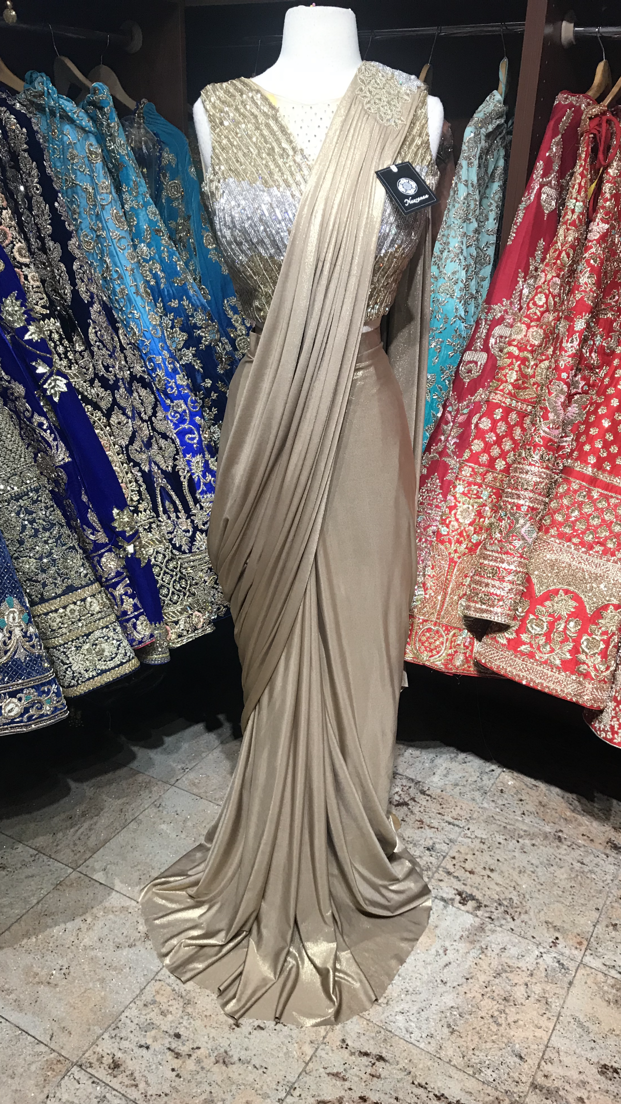 Gold Pre-Stitched Saree W/ Readymade Blouse