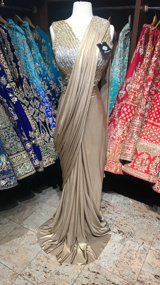 Gold Pre-Stitched Saree W/ Readymade Blouse