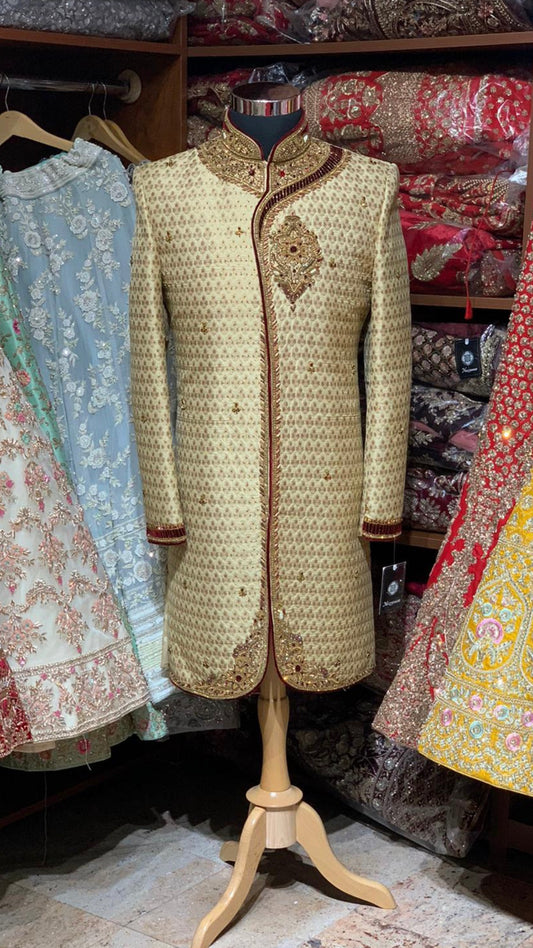 Gold Maroon Size 40 Wedding Sherwani