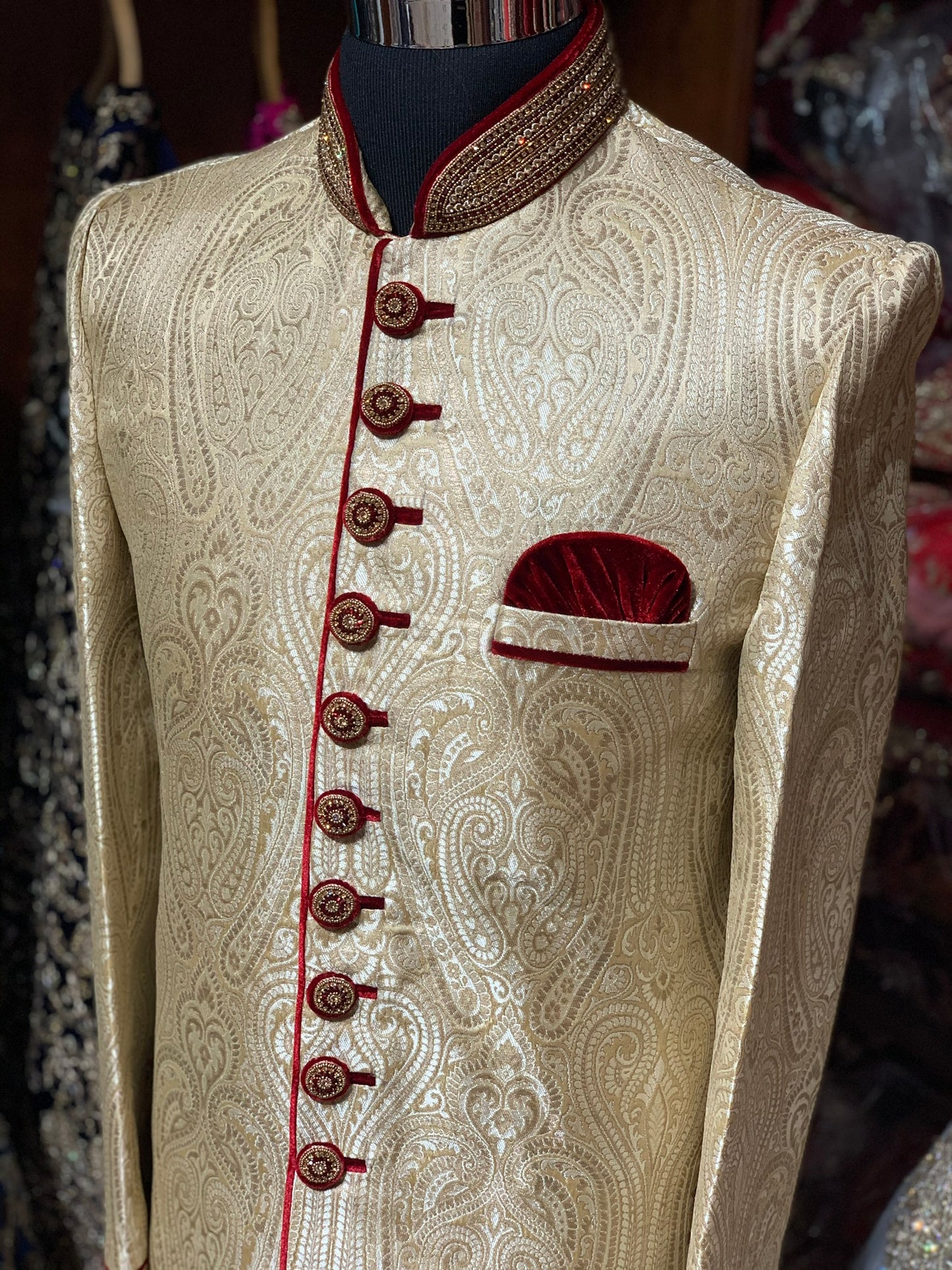 Gold Sherwani W/ Maroon Accents