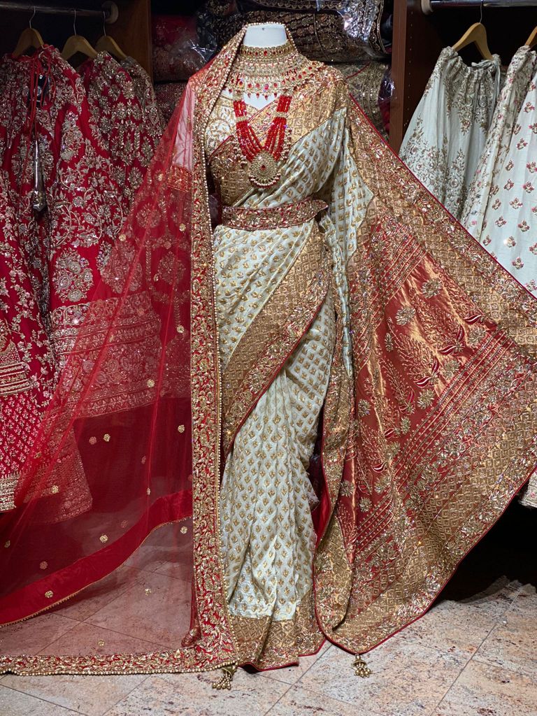 Ivory with Red Pure Silk Banarasi Bridal Saree BBS-011