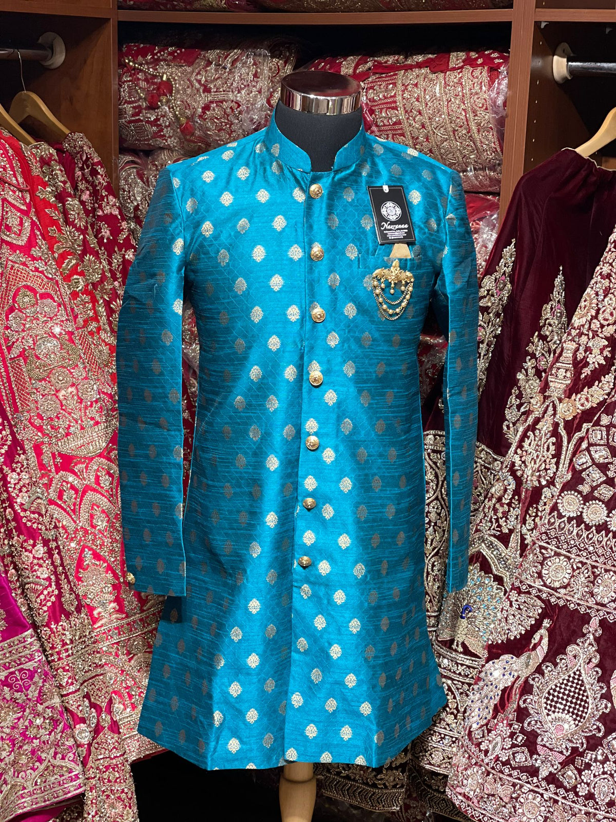 Sky Blue Zari Woven Sherwani with Gold Buta Motifs