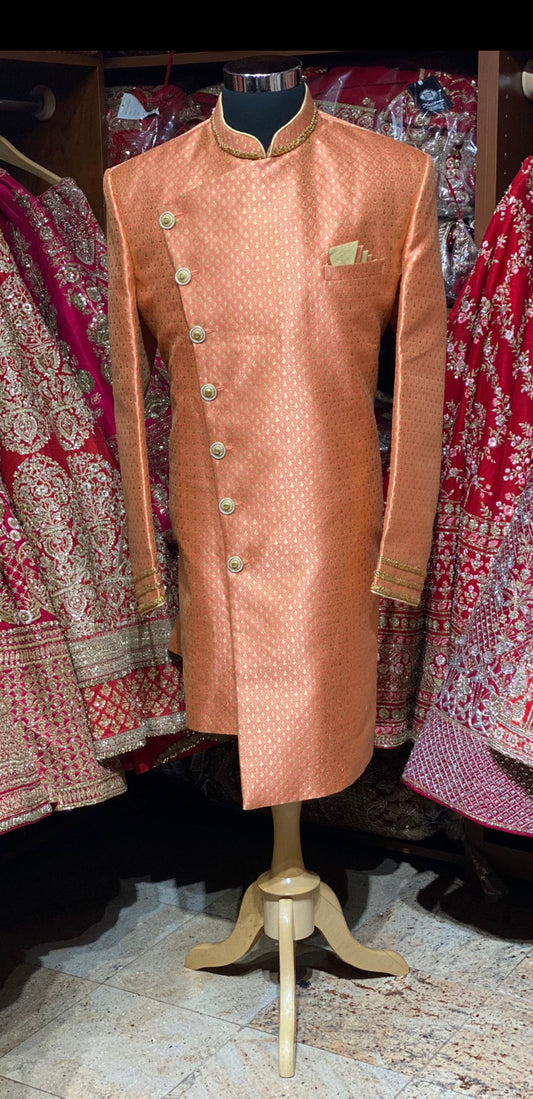 Coral Orange Brocade Sherwani