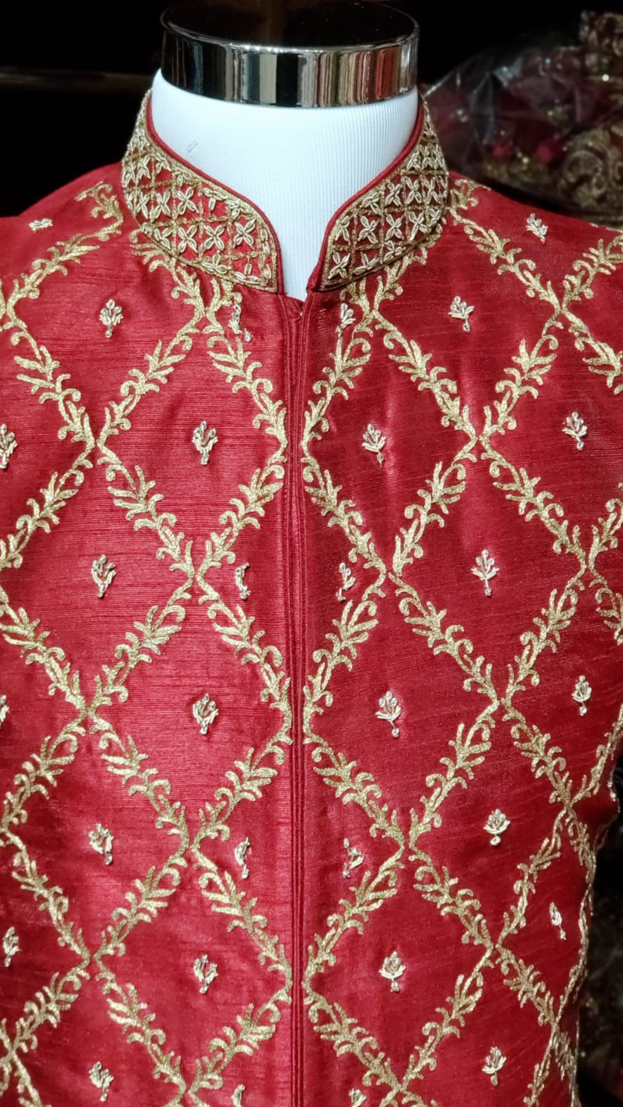 Red Raw Silk Sherwani