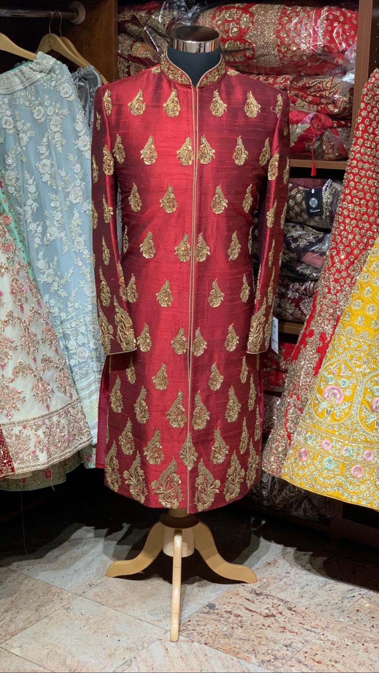 Red Raw Silk Size 40 Sherwani