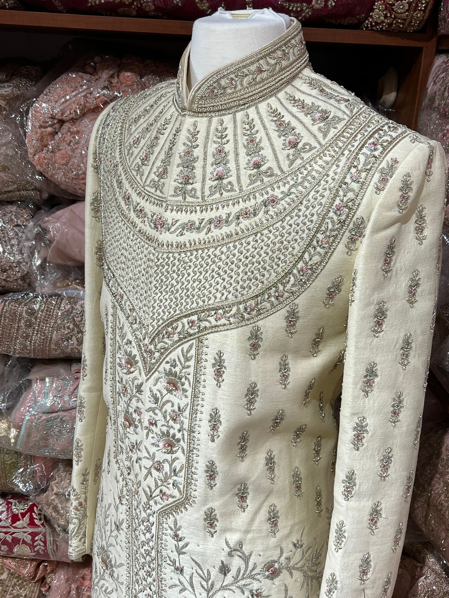 Rajwadi Cream Thread Embroidered Sherwani-R14-N43