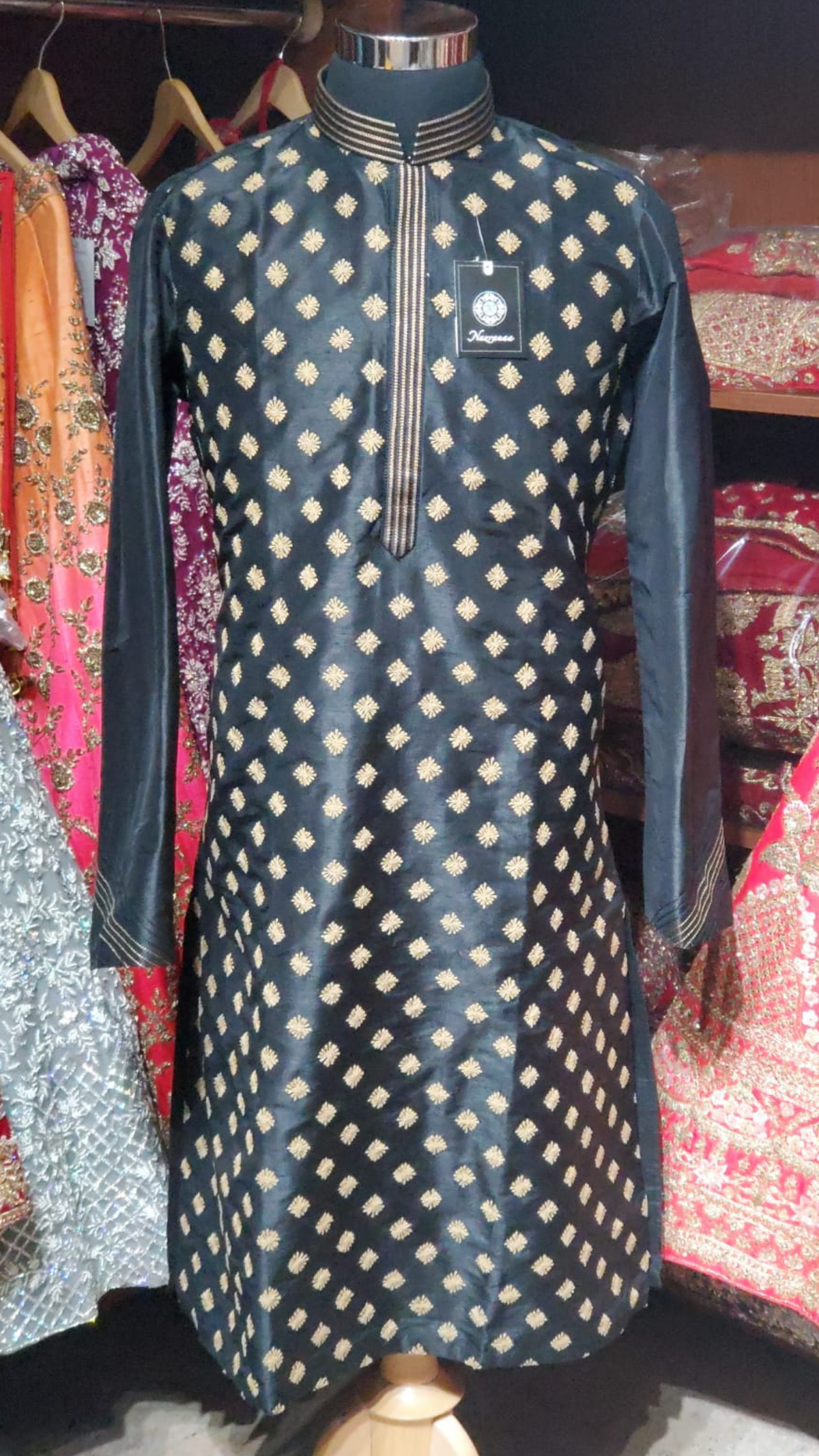 Black Silk Kurta Pajama with Gold Butti Embroidery