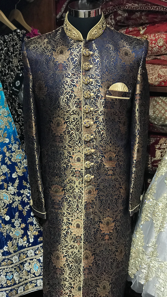 Navy Brocade Sherwani W/Gold Accents