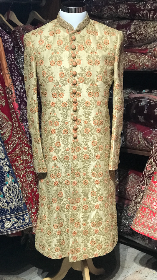 Gold with Peach Resham Sherwani