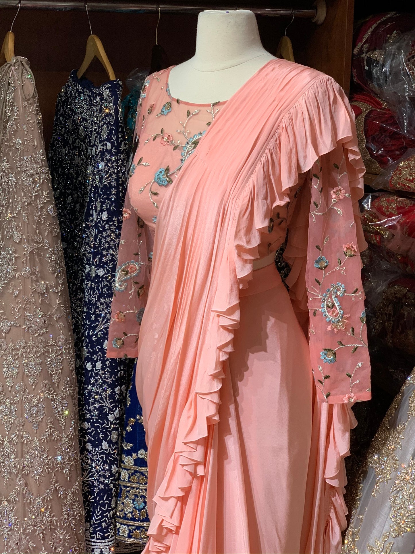 Blush Pre-Stitched Ruffle Saree W/ Readymade Blouse PSS-7