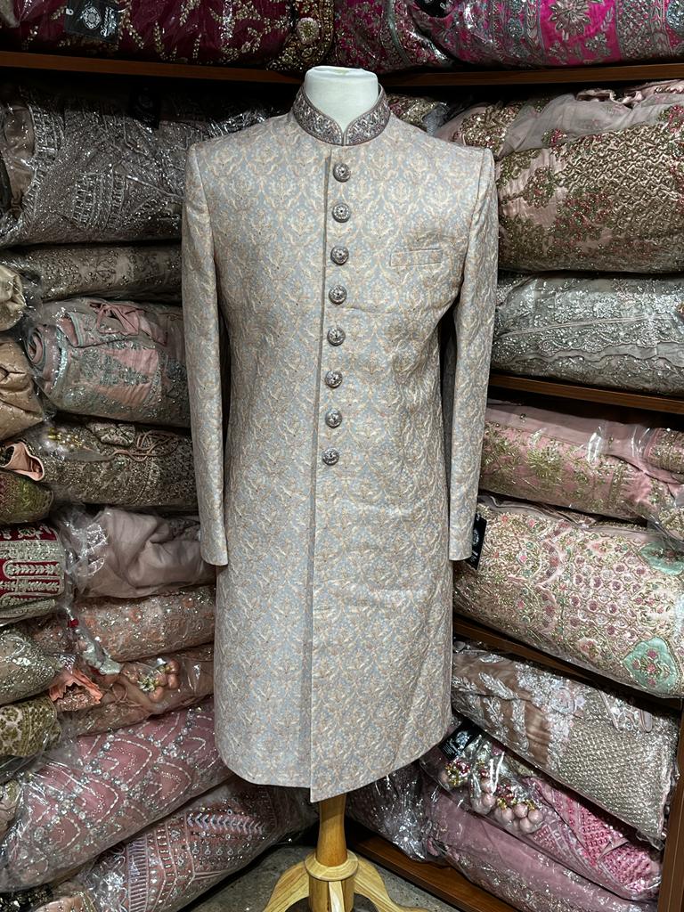 Slate Grey Woven Silk Sherwani- R14-N75