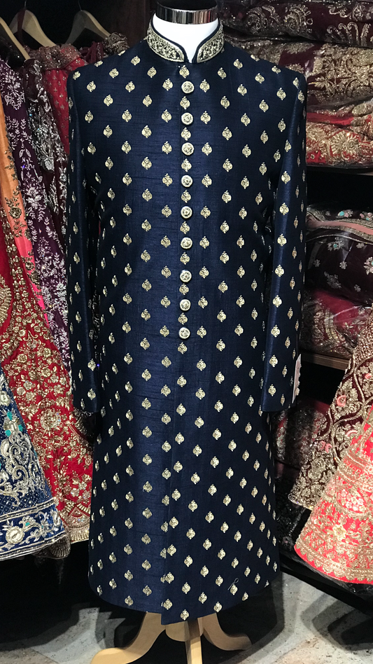 Navy Raw Silk Sherwani