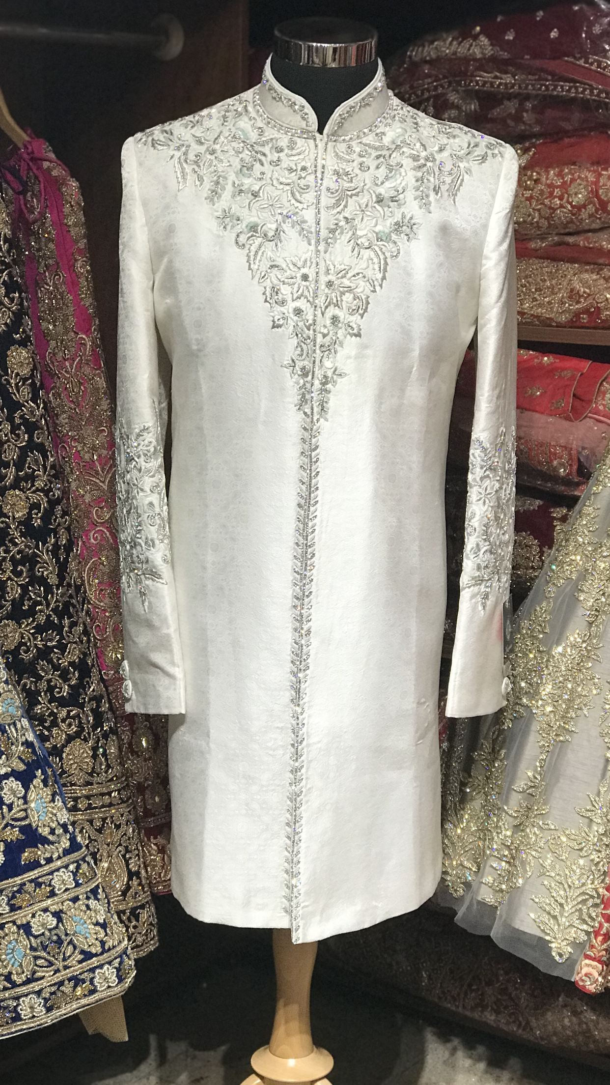 White Sherwani with Mint Accents