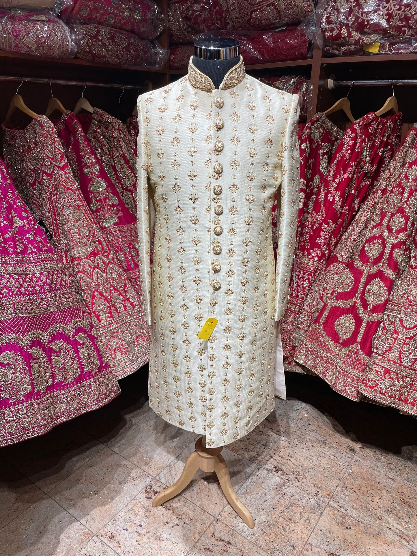 Pearl White & Gold Silk Embroidered Sherwani- S46