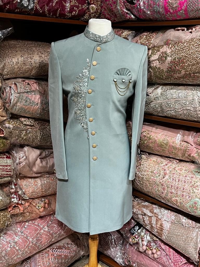 Stone Blue Resham Embroidered Sherwani- 1275