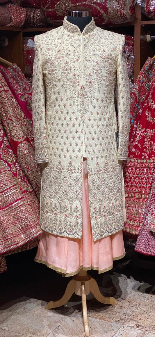 Soft Cream Wedding Sherwani- 9618