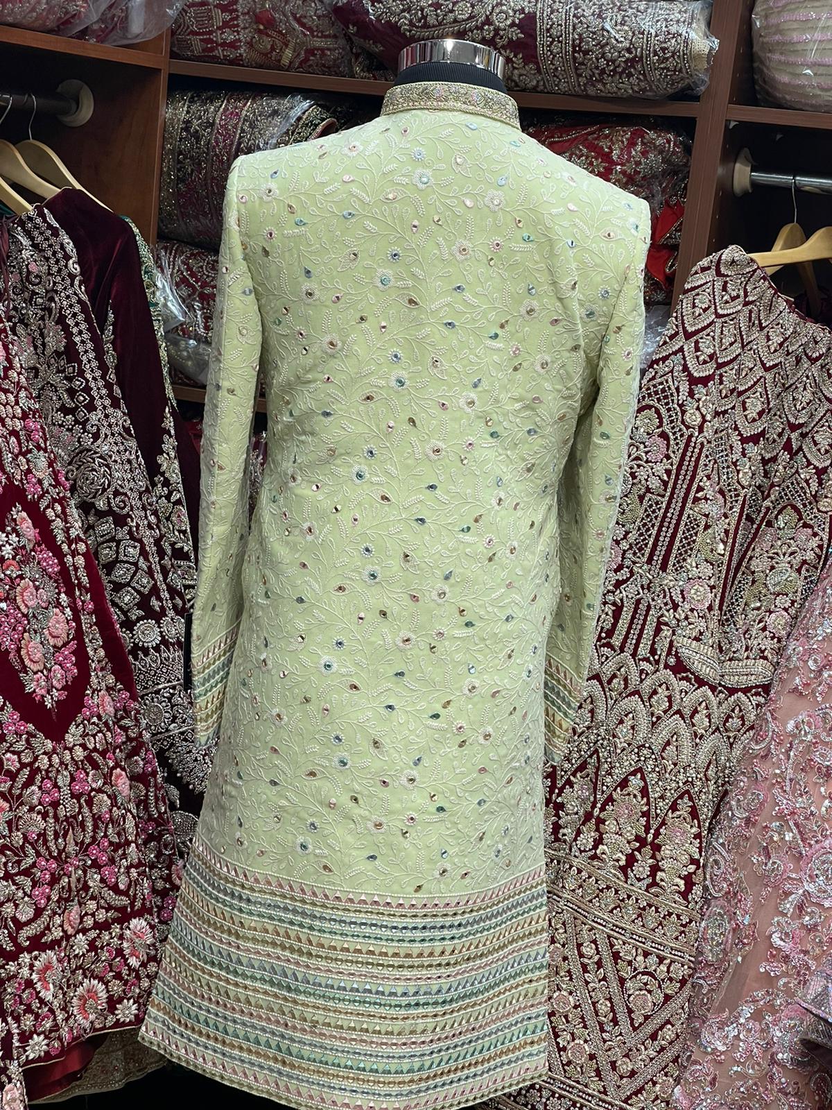 Mint Green Thread Embroidered Sherwani- 1257