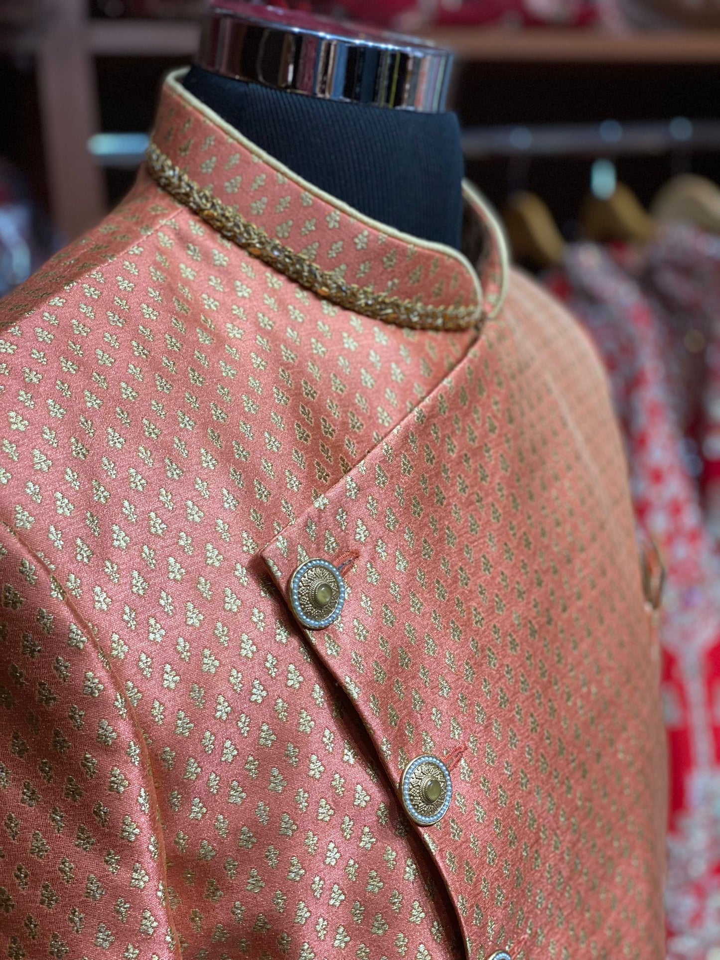 Coral Orange Brocade Sherwani