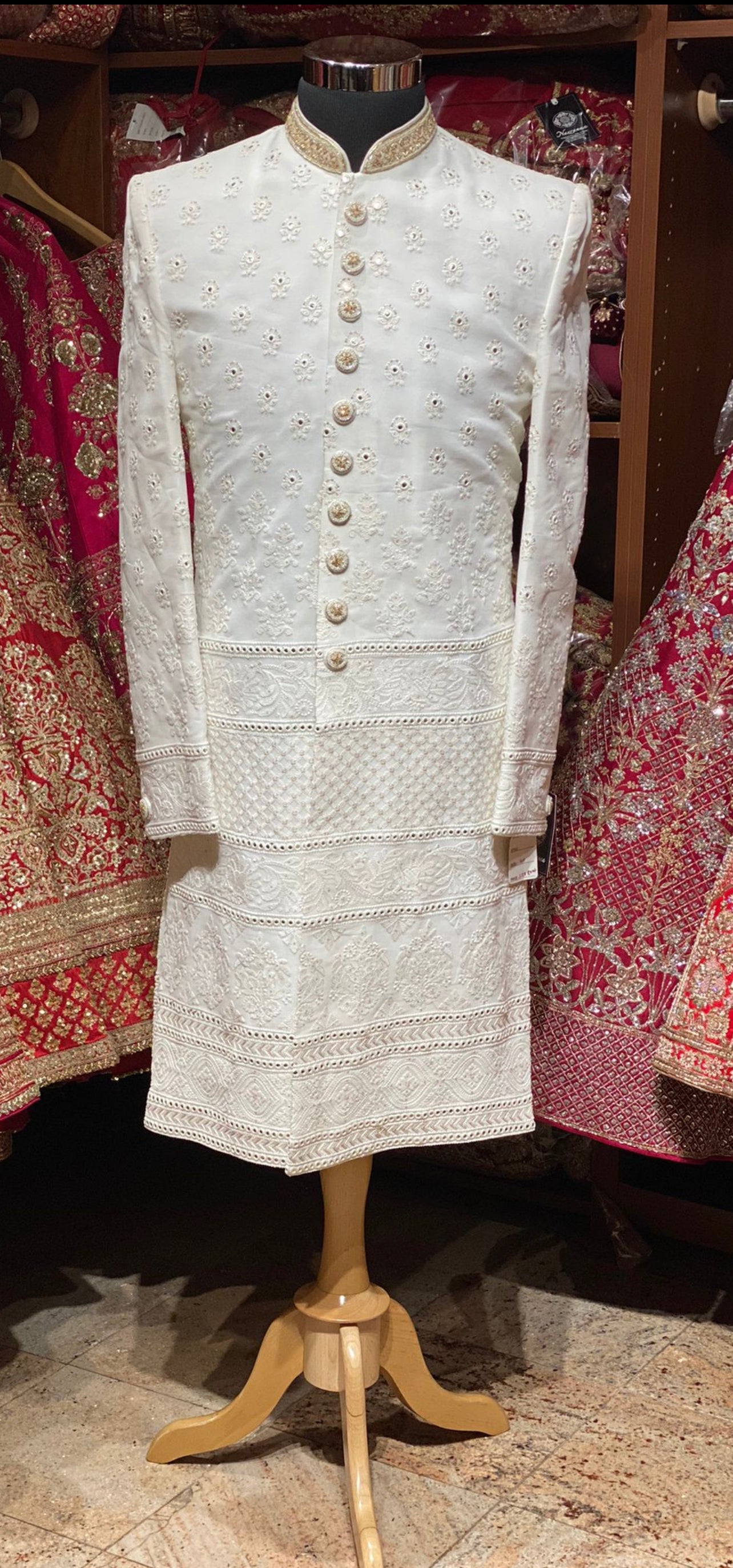 Pearl White Designer Lucknowi Embroidered Sherwani