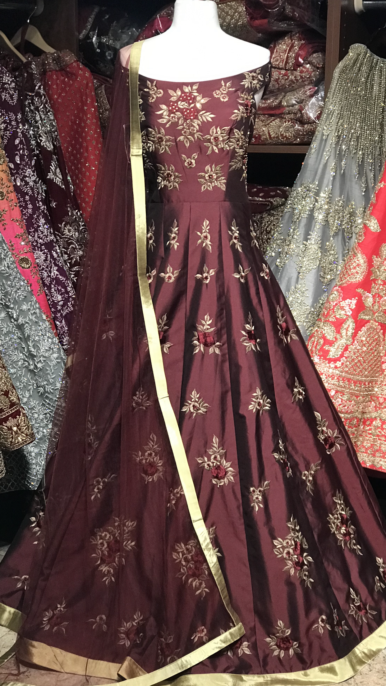 Burgundy Size 38 Off Shoulder Anarkali