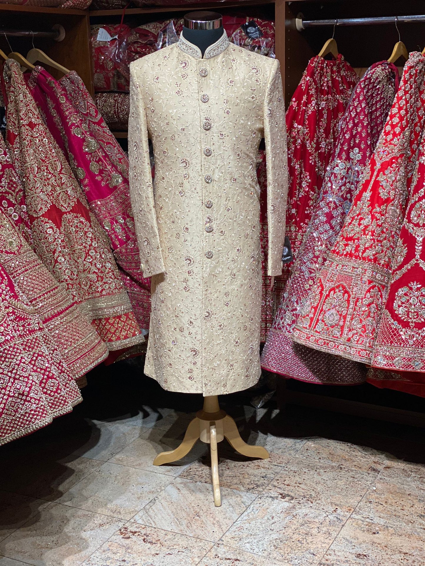 Beige Cream Thread Embroidered Sherwani-6170-A