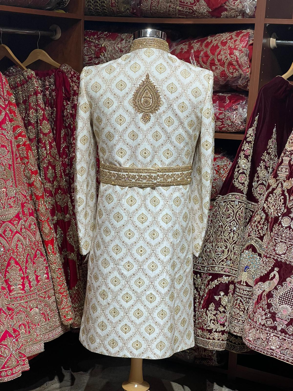 Off White Zardozi Embroidered Sherwani -6209