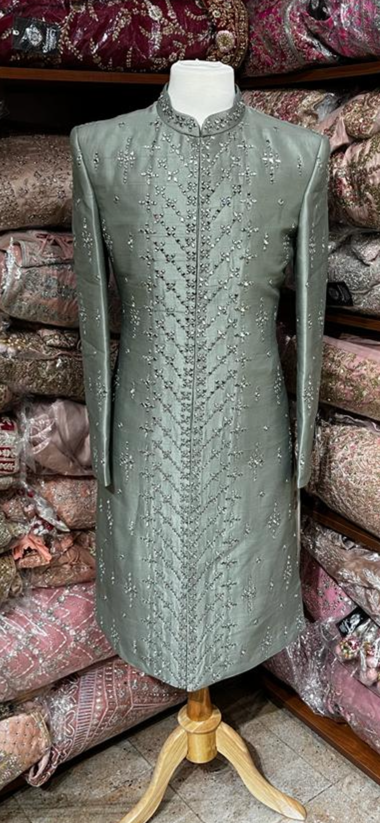 Sage Green Mirror Embroidered Sherwani-S14-13