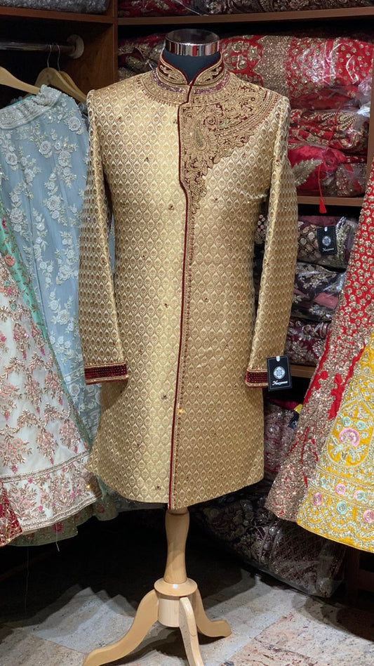 Gold Maroon Size 40 Wedding Sherwani