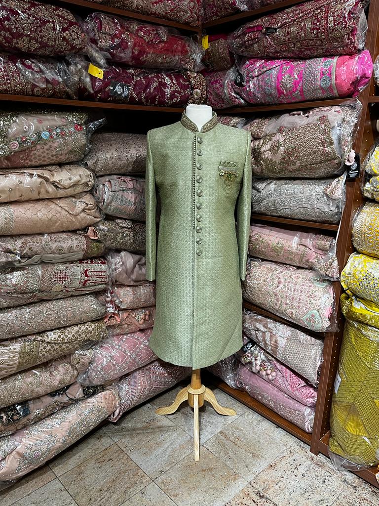 Pine Green Resham Thread Embroidered Sherwani